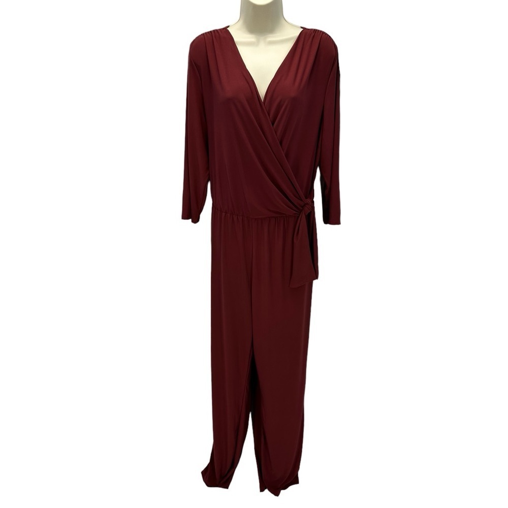NY Collection Long Sleeve Faux Wrap Jumpsuit - Cabernet Wine Red - size 1X